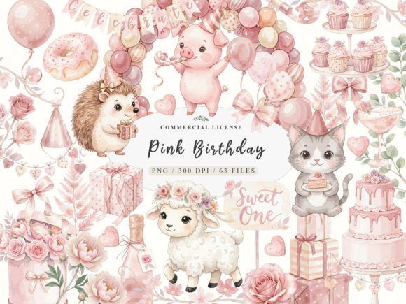 Download Watercolor Pink Birthday Clipart Bundle - Clipart bundle Collection