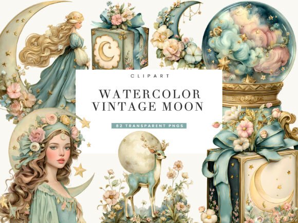 Download Watercolor Vintage Moon Clipart Bundle - Clipart bundle Collection